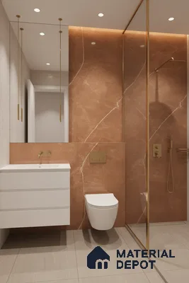 Modern bathroom with terracotta marble-look wall tiles and matte beige floor tiles | Material Depot