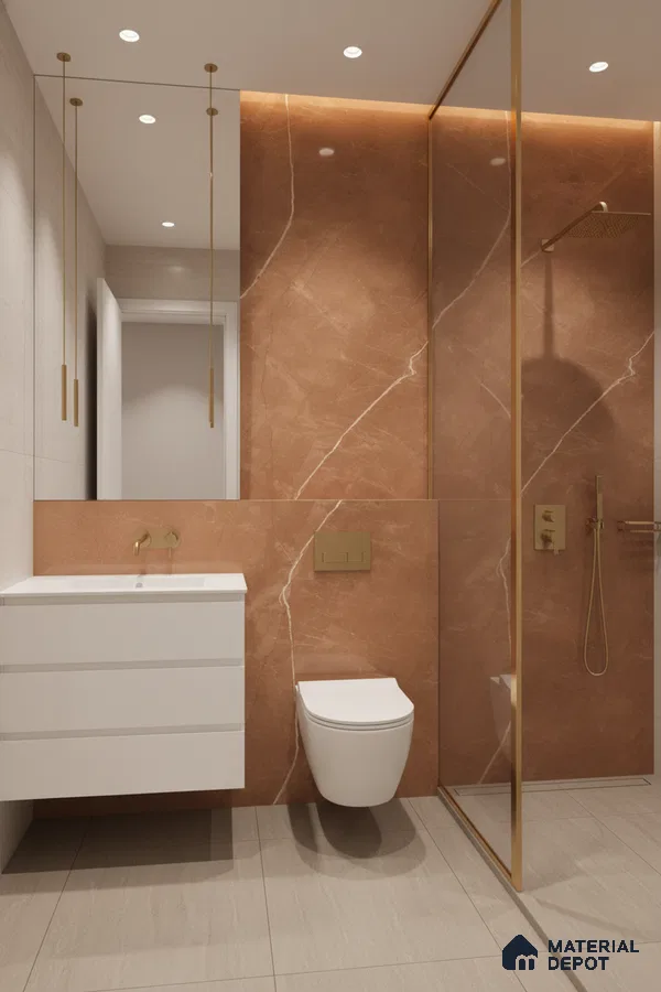Modern bathroom with terracotta marble-look wall tiles and matte beige floor tiles | Material Depot