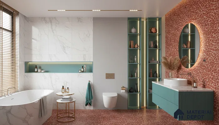 Modern bathroom design with terracotta mosaic tiles, white marble wall tiles, and teal fluted vanity in Bengaluru | Material Depot