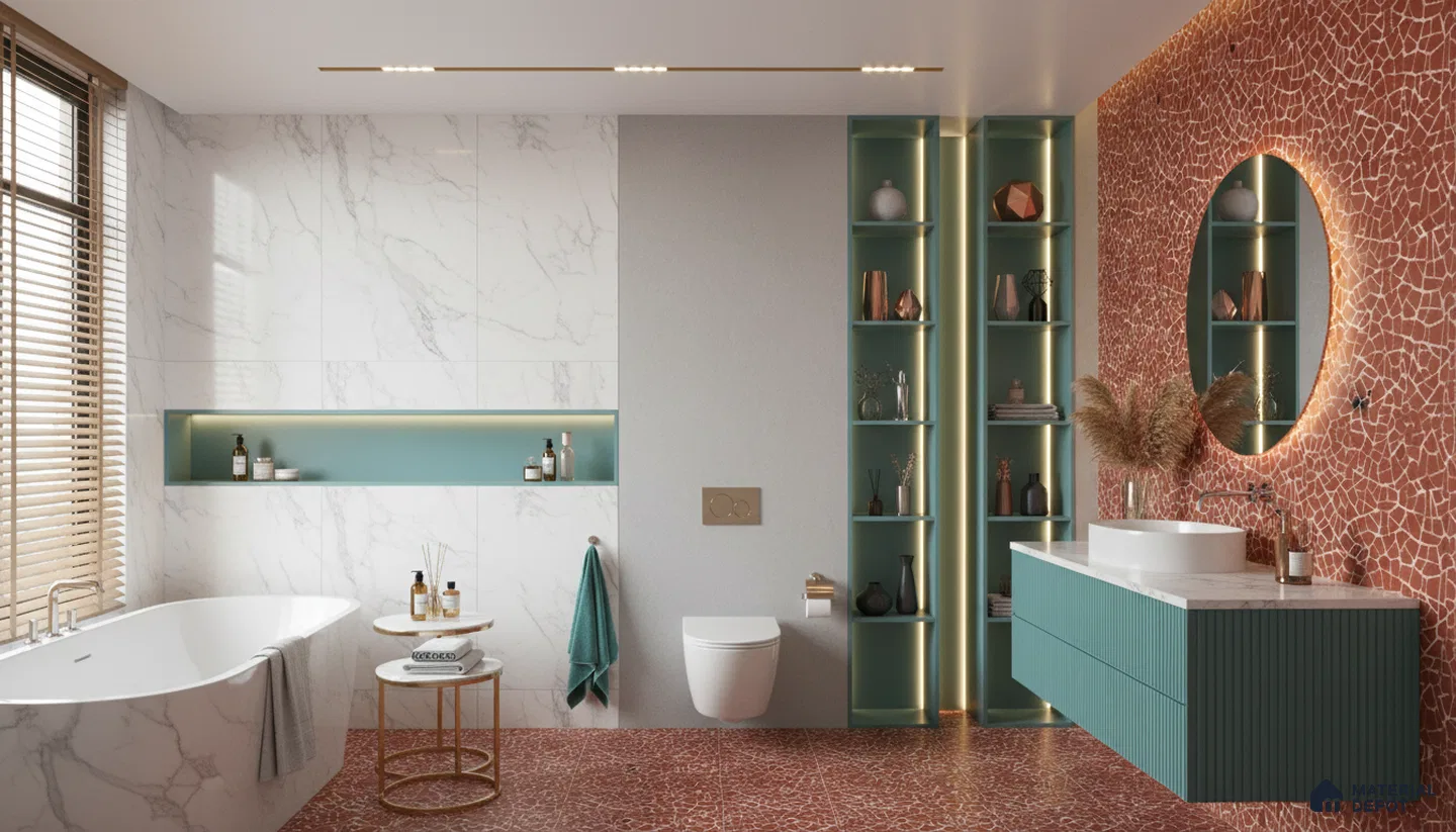 Modern bathroom design with terracotta mosaic tiles, white marble wall tiles, and teal fluted vanity in Bengaluru | Material Depot