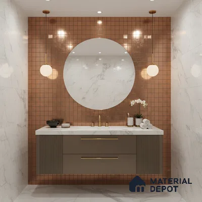 Modern bathroom with terracotta mosaic wall tiles, marble-look wall tiles, and taupe fluted vanity