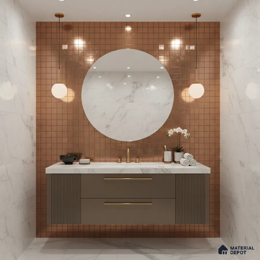 Modern bathroom with terracotta mosaic wall tiles, marble-look wall tiles, and taupe fluted vanity