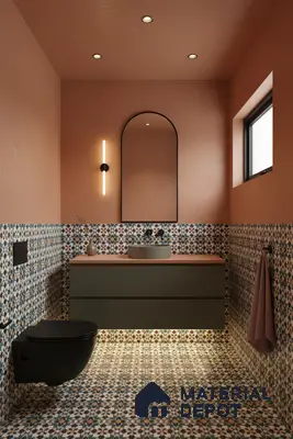 Modern bathroom with terracotta paint, geometric moroccan patterned tiles, and olive green vanity in Bengaluru | Material Depot
