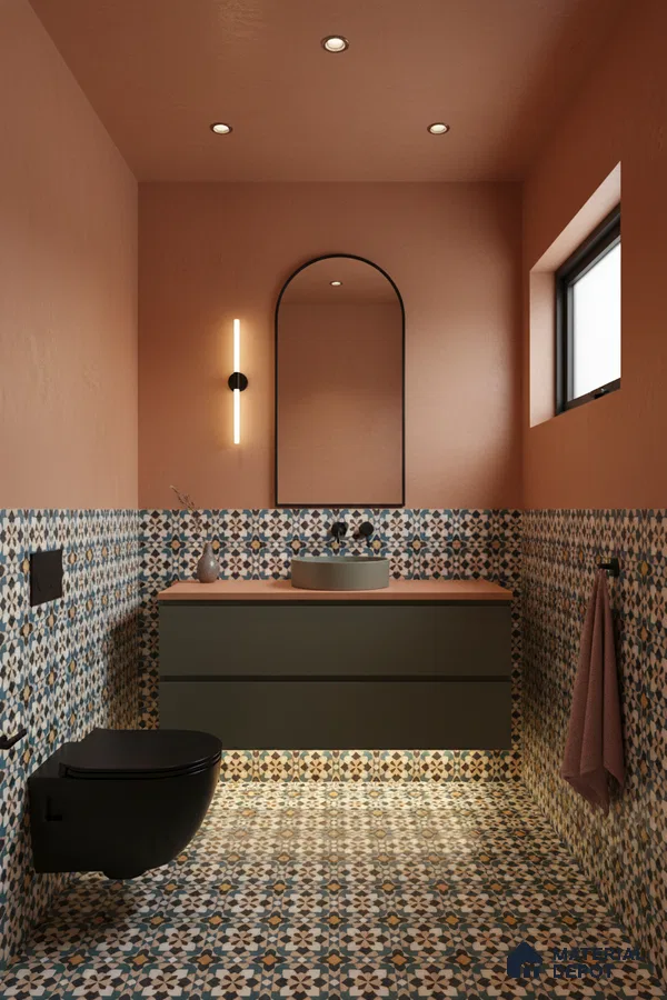 Modern bathroom with terracotta paint, geometric moroccan patterned tiles, and olive green vanity in Bengaluru | Material Depot