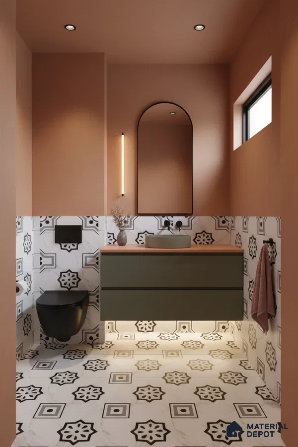 Modern bathroom with terracotta paint, olive green floating vanity, and black-and-white geometric patterned tiles in Bengaluru | Material Depot