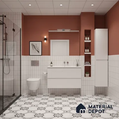 Modern bathroom with terracotta paint, white subway wall tiles, and black-and-white geometric patterned floor tiles | Material Depot