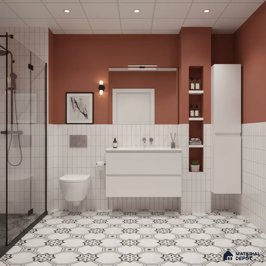 Modern bathroom with terracotta paint, white subway wall tiles, and black-and-white geometric patterned floor tiles | Material Depot