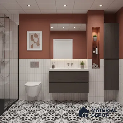 Modern bathroom with terracotta paint, white vertical subway wall tiles, and black-and-white patterned floor tiles | Material Depot