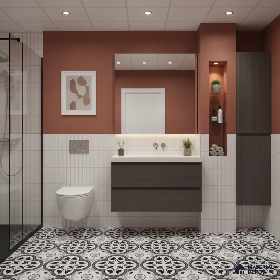 Modern bathroom with terracotta paint, white vertical subway wall tiles, and black-and-white patterned floor tiles | Material Depot