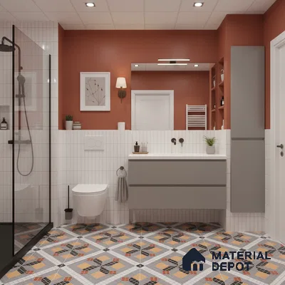 Modern bathroom with terracotta paint, white vertical subway wall tiles, and geometric patterned floor tiles | Material Depot