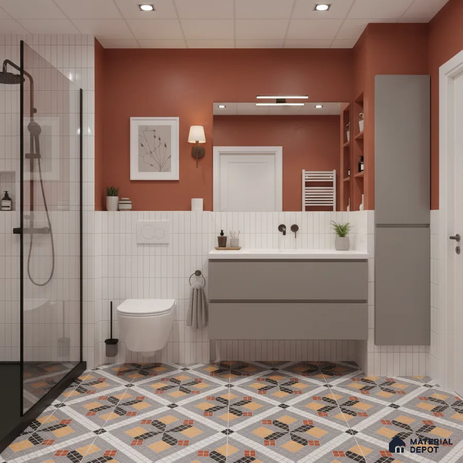 Modern bathroom with terracotta paint, white vertical subway wall tiles, and geometric patterned floor tiles | Material Depot