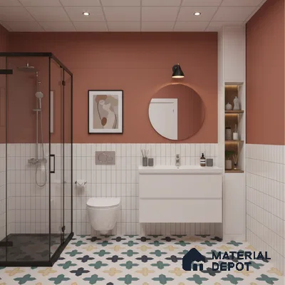 Modern bathroom with terracotta paint, white vertical subway wall tiles, and multicolor geometric patterned floor tiles | Material Depot