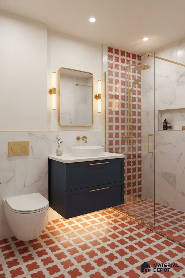 Modern bathroom with terracotta patterned floor and wall tiles, marble-look wall tiles, and navy blue vanity in Bengaluru | Material Depot