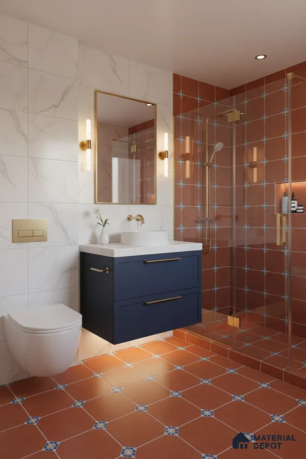Modern bathroom with terracotta patterned floor and wall tiles, marble-look wall tiles, and navy blue vanity in Bengaluru | Material Depot