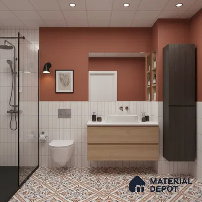Modern bathroom with terracotta patterned floor tiles, vertical white subway wall tiles, and wood vanity | Material Depot