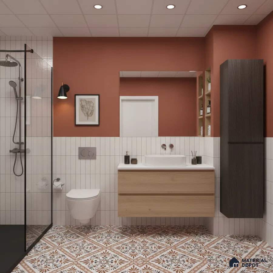 Modern bathroom with terracotta patterned floor tiles, vertical white subway wall tiles, and wood vanity | Material Depot