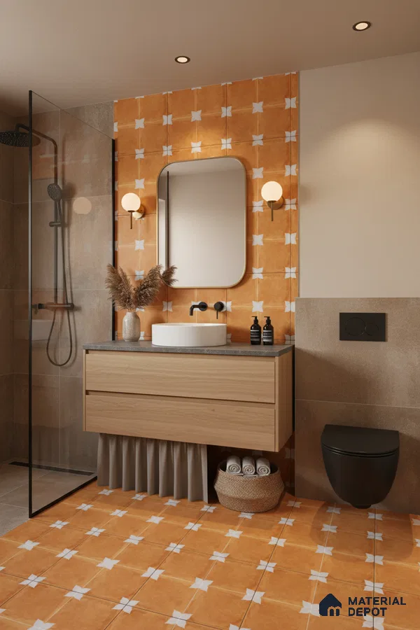 Modern bathroom with terracotta patterned tiles and light wood floating vanity in Bengaluru | Material Depot