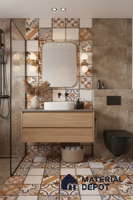 Modern bathroom with terracotta patterned tiles, beige stone wall tiles, and light oak vanity in Bengaluru | Material Depot