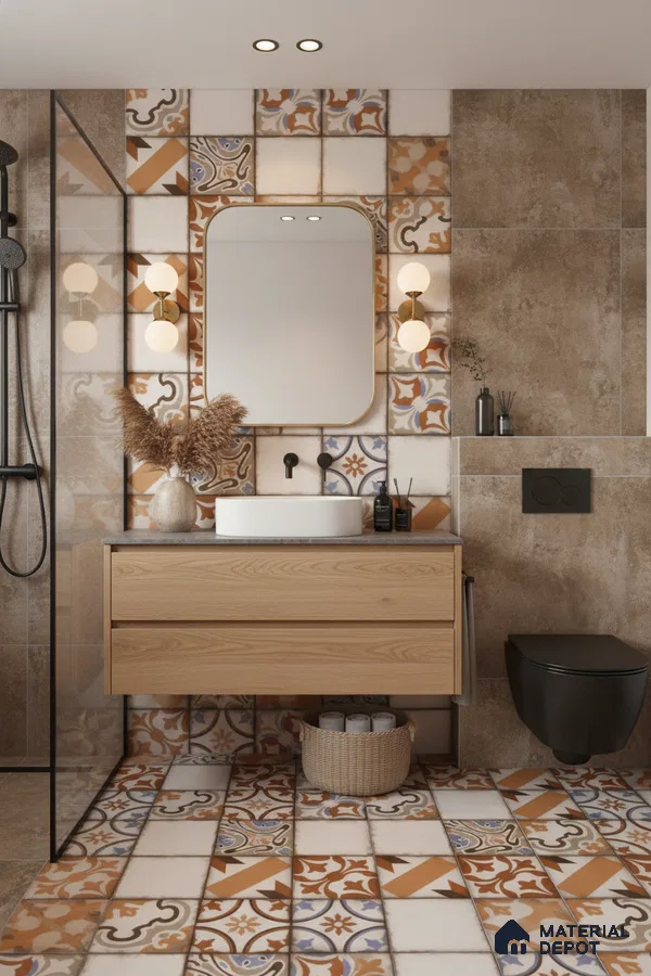 Modern bathroom with terracotta patterned tiles, beige stone wall tiles, and light oak vanity in Bengaluru | Material Depot