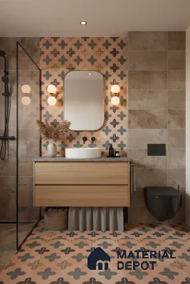 Modern bathroom with terracotta patterned tiles, beige stone wall tiles, and light oak vanity in Bengaluru | Material Depot