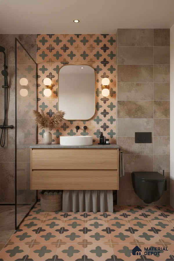 Modern bathroom with terracotta patterned tiles, beige stone wall tiles, and light oak vanity in Bengaluru | Material Depot