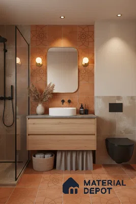 Modern bathroom with terracotta patterned tiles, light oak vanity, and matte black fixtures in Bengaluru | Material Depot