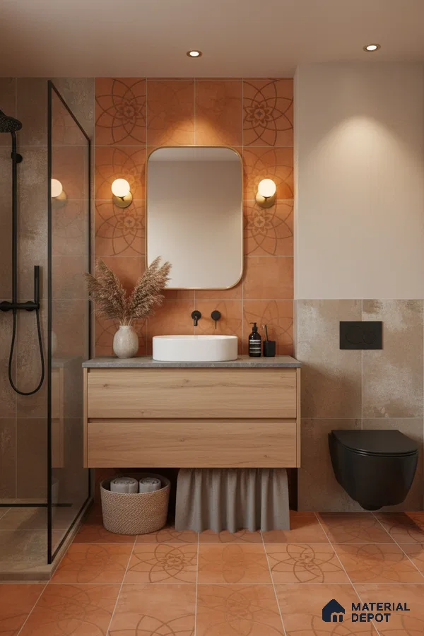 Modern bathroom with terracotta patterned tiles, light oak vanity, and matte black fixtures in Bengaluru | Material Depot