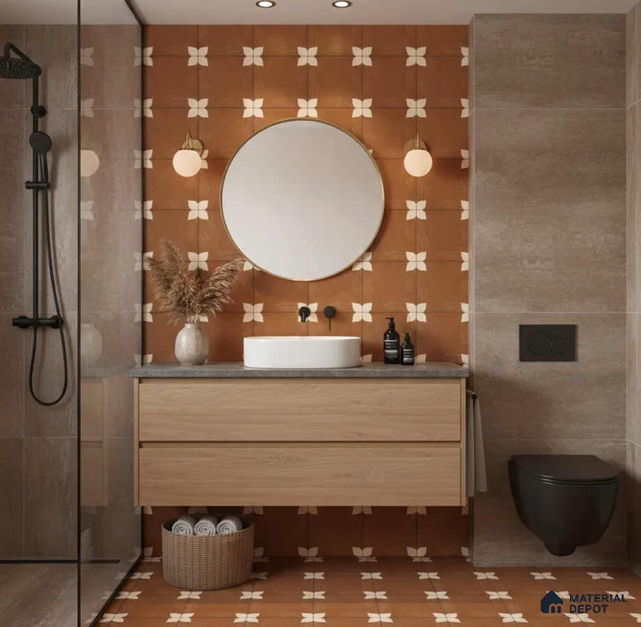 Modern bathroom with terracotta patterned tiles, light oak vanity, and matte stone wall tiles in Bengaluru | Material Depot