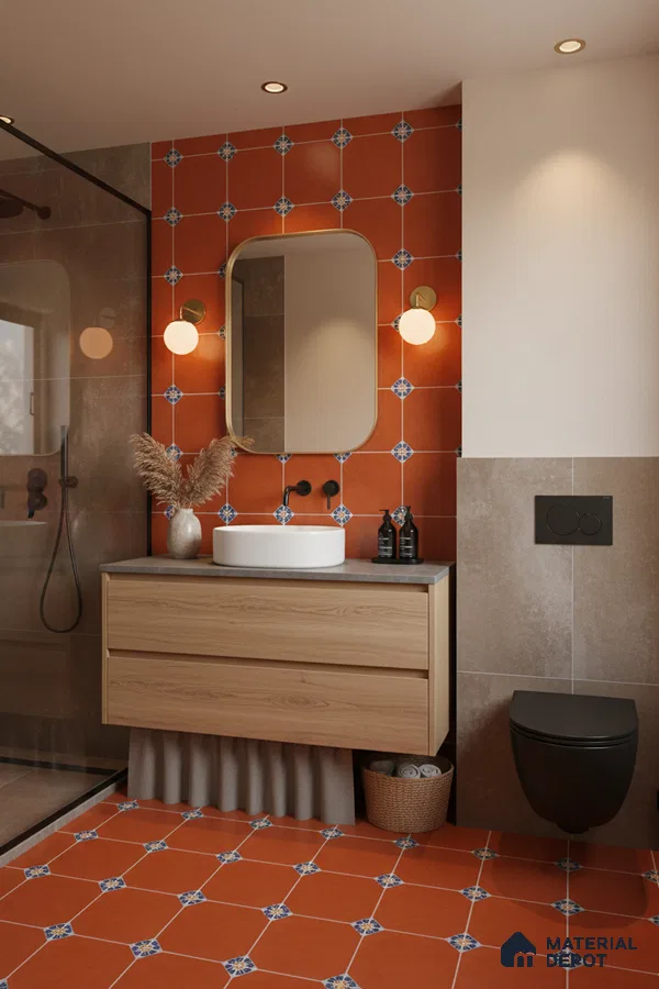 Modern bathroom with terracotta patterned tiles, light oak vanity, and matte taupe wall tiles in Bengaluru | Material Depot