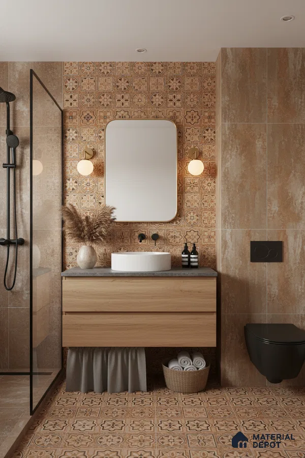 Modern bathroom with terracotta patterned tiles, natural wood vanity, and matte black fixtures in Bengaluru | Material Depot