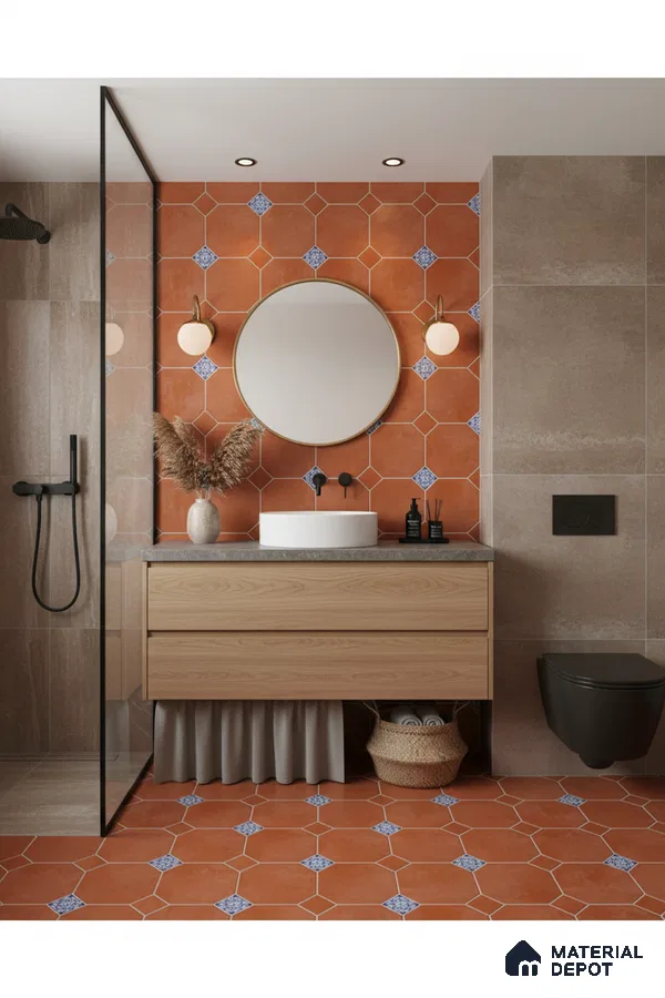 Modern bathroom with terracotta patterned wall and floor tiles, beige stone wall tiles, and light oak vanity in Bengaluru | Material Depot