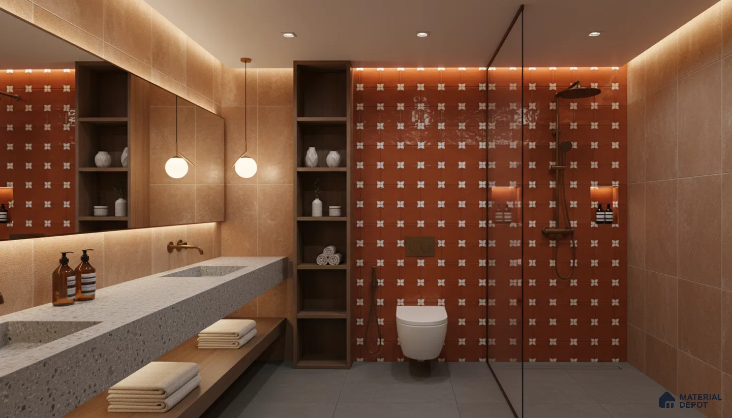Modern bathroom design with terracotta patterned wall tiles, beige stone wall tiles, and terrazzo countertop in Bengaluru | Material Depot