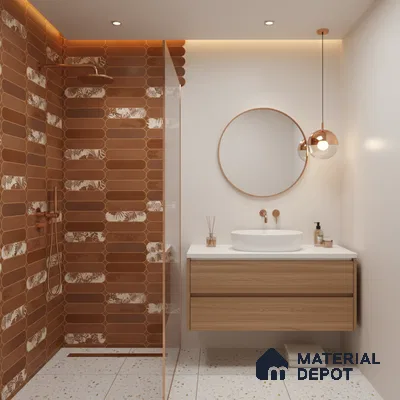 Modern bathroom with terracotta popsicle wall tiles, terrazzo floor tiles, and wood vanity | Material Depot