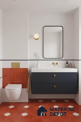Modern bathroom with terracotta star patterned floor tiles and navy blue vanity in Bengaluru | Material Depot