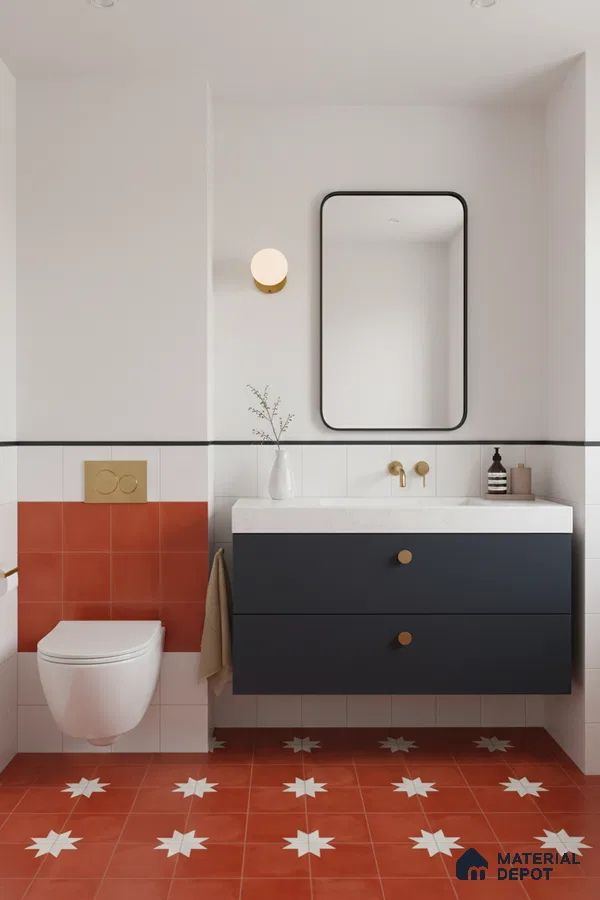 Modern bathroom with terracotta star patterned floor tiles and navy blue vanity in Bengaluru | Material Depot