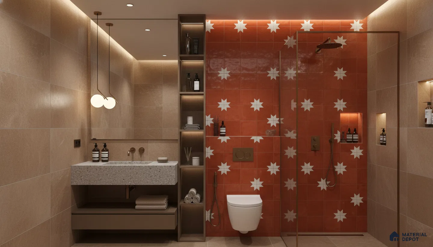 Modern bathroom design with terracotta star patterned highlighter wall tiles and beige stone look wall tiles in Bengaluru | Material Depot