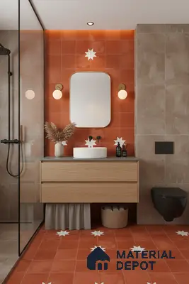 Modern bathroom with terracotta star patterned tiles and light oak vanity in Bengaluru | Material Depot
