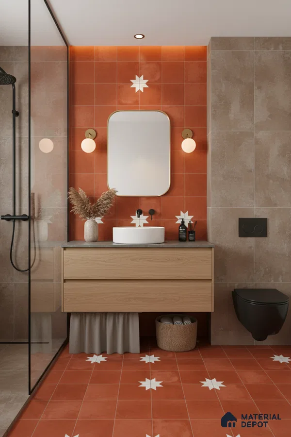 Modern bathroom with terracotta star patterned tiles and light oak vanity in Bengaluru | Material Depot