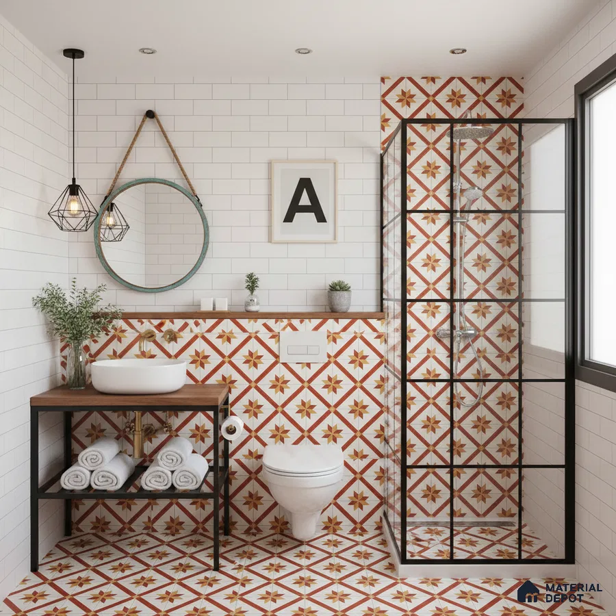 Modern bathroom with terracotta star patterned tiles and white subway wall tiles in Bengaluru | Material Depot