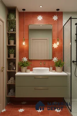 Modern bathroom with terracotta star patterned tiles, sage green vanity, and white countertop in Bengaluru | Material Depot