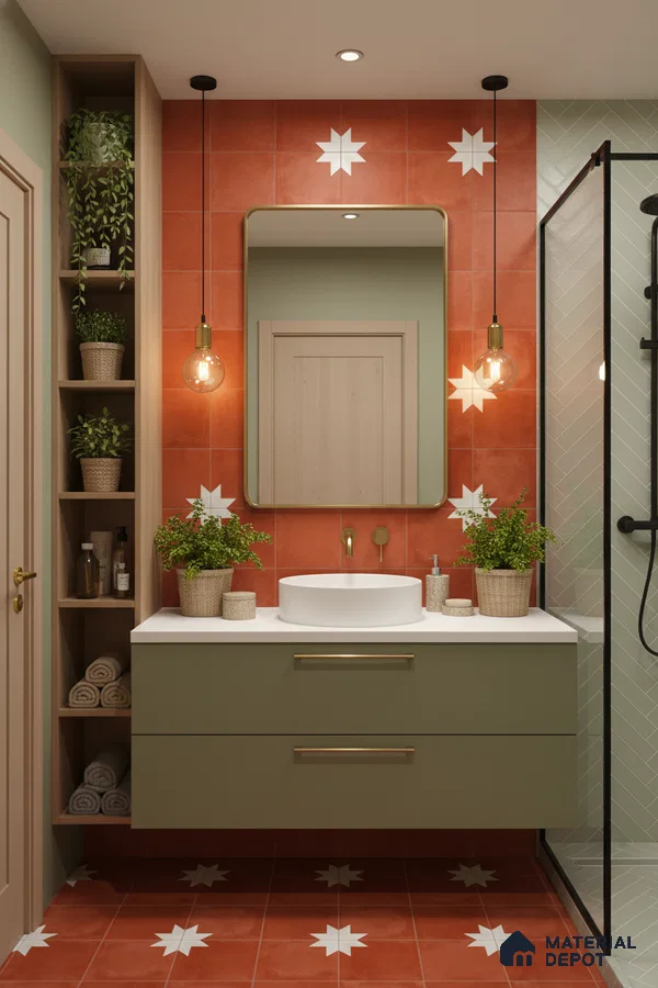Modern bathroom with terracotta star patterned tiles, sage green vanity, and white countertop in Bengaluru | Material Depot