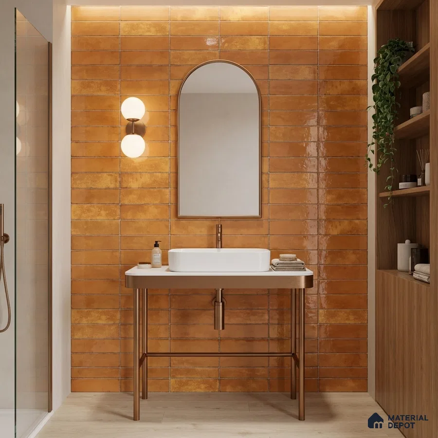Modern bathroom with terracotta subway wall tiles and light wood laminate shelving