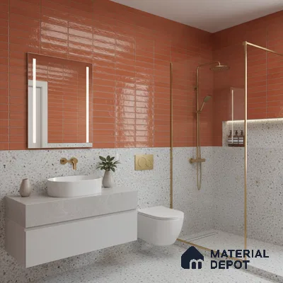 Modern bathroom with terracotta subway wall tiles and terrazzo floor and wall tiles | Material Depot