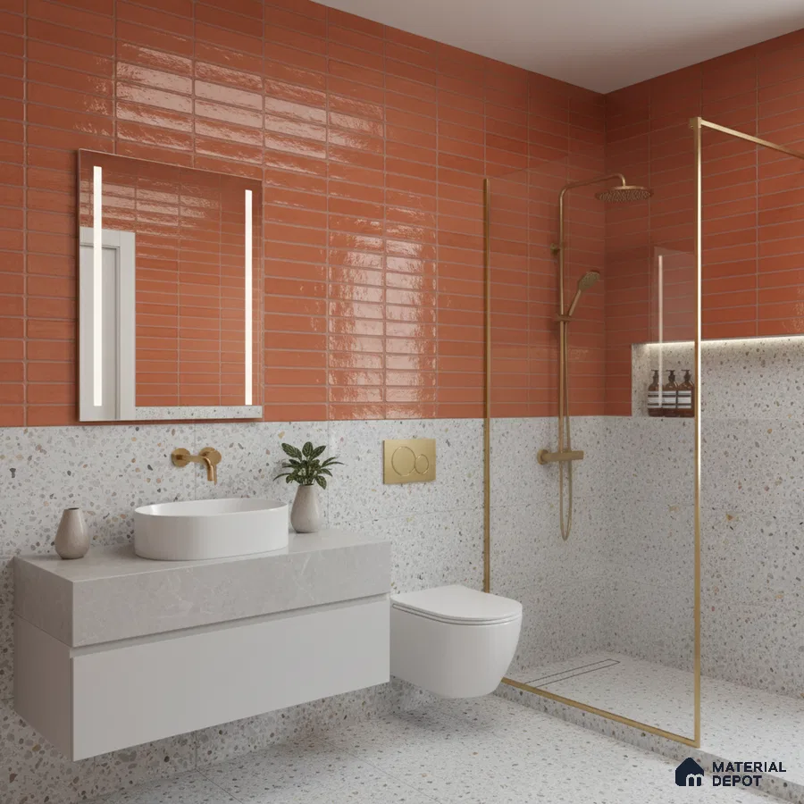 Modern bathroom with terracotta subway wall tiles and terrazzo floor and wall tiles | Material Depot