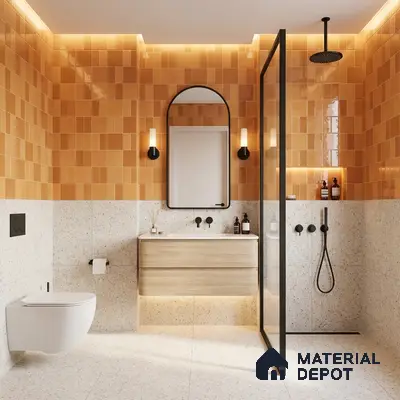 Modern bathroom with terracotta subway wall tiles and terrazzo floor and wall tiles