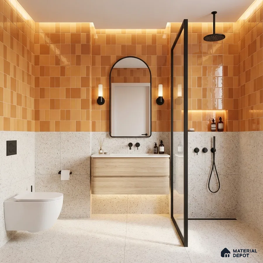 Modern bathroom with terracotta subway wall tiles and terrazzo floor and wall tiles