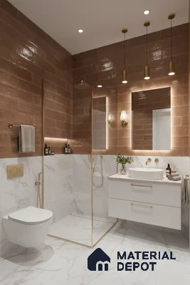 Modern bathroom with terracotta subway wall tiles and white marble-look floor and wall tiles | Material Depot