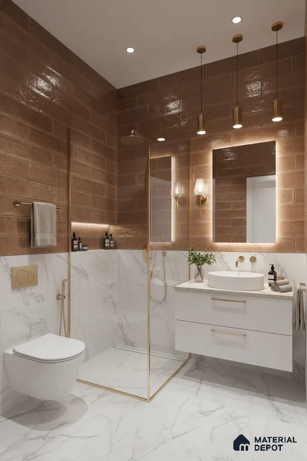 Modern bathroom with terracotta subway wall tiles and white marble-look floor and wall tiles | Material Depot