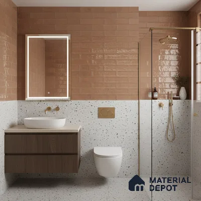 Modern bathroom with terracotta subway wall tiles, terrazzo wall and floor tiles, and walnut wood vanity | Material Depot