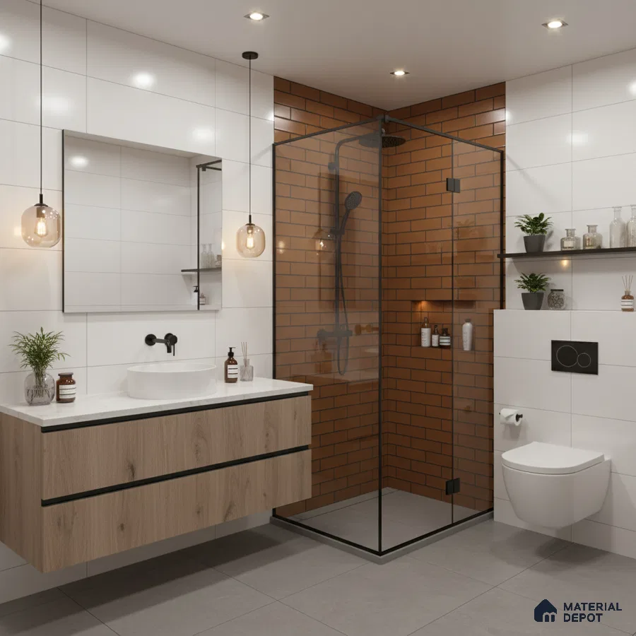 Modern bathroom with terracotta subway wall tiles, white wall tiles, and light oak floating vanity | Material Depot